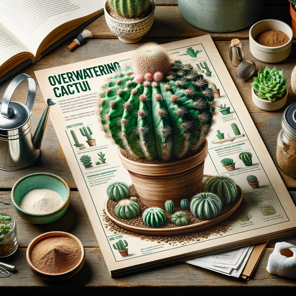 Overwatered cactus showing signs of discoloration and bloating on a table with a cactus rescue guide, watering can, and home remedies, illustrating cactus care tips and methods for saving a drowning cactus.