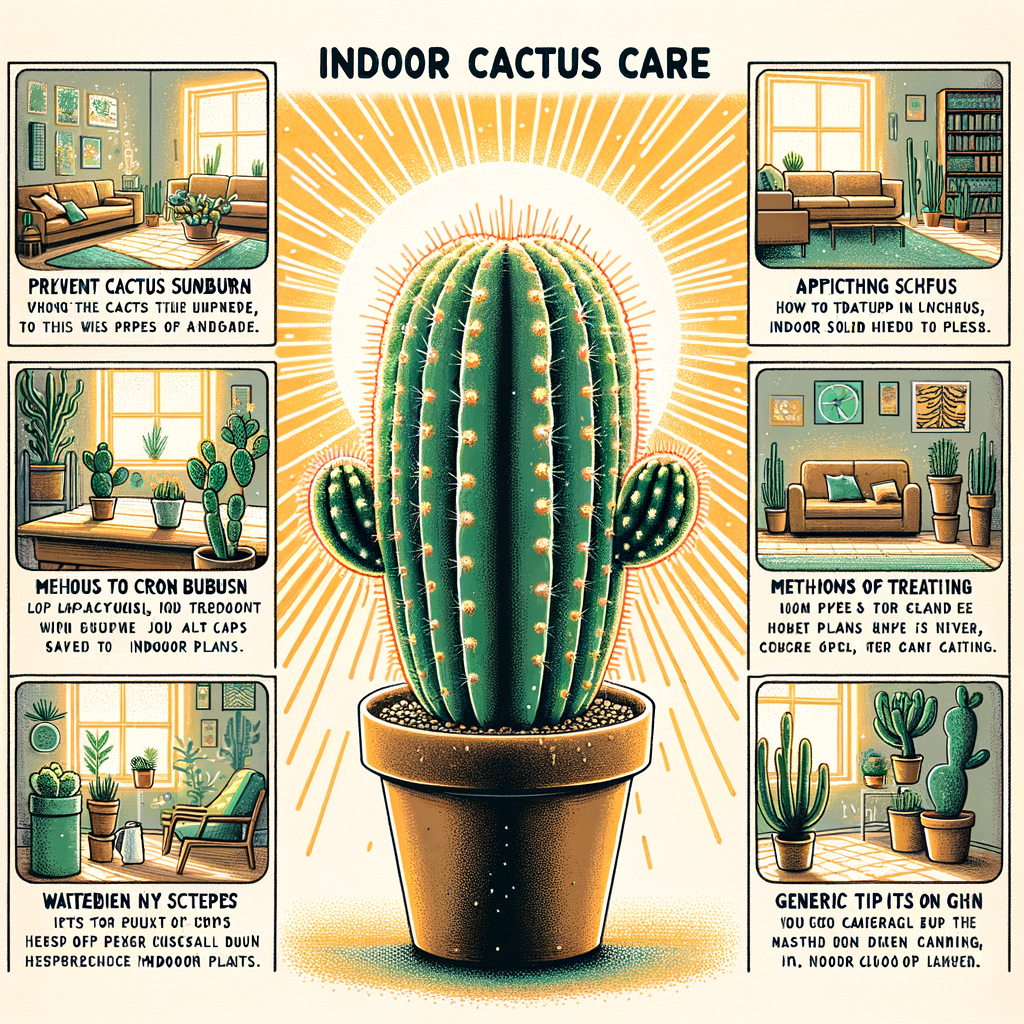 Indoor cactus care guide illustrating tips for preventing cactus sunburn, cactus sunburn treatment, and indoor plant care tips with a healthy, well-maintained cactus in a sunlit room.