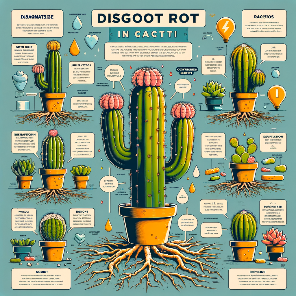 Infographic showing cactus root rot symptoms, causes, treatment, and prevention methods, highlighting indoor cactus care and signs of overwatering for effective cactus disease identification.