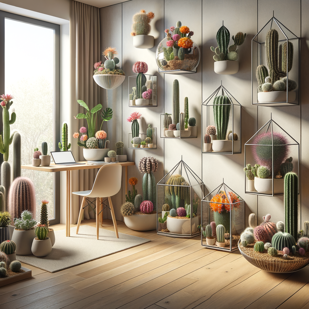 Innovative cactus display ideas for small spaces featuring a creative and compact arrangement of unique cacti in a small apartment setting, perfect for indoor cactus decoration in small rooms.