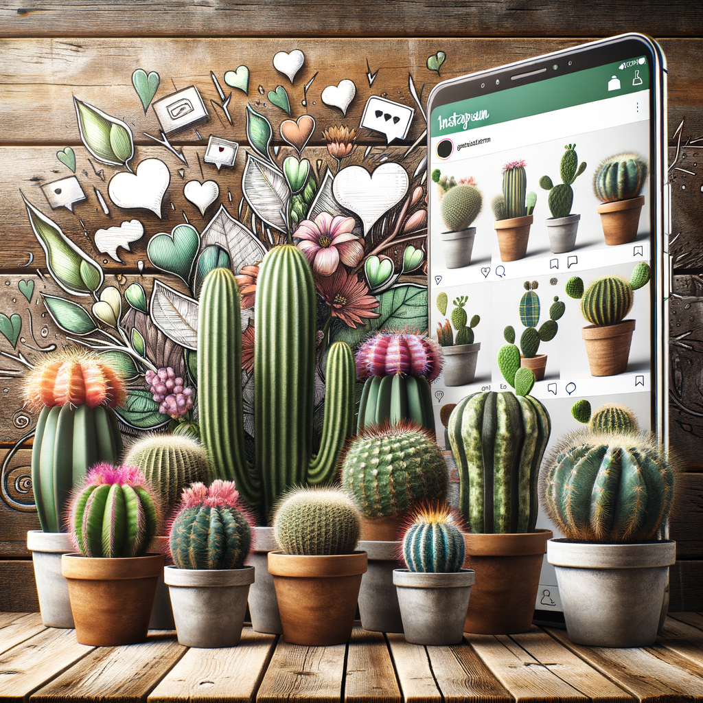 Homegrown cacti in stylish pots on a wooden shelf with a smartphone displaying cacti care tips on Instagram, perfect for showcasing your plants on social media.