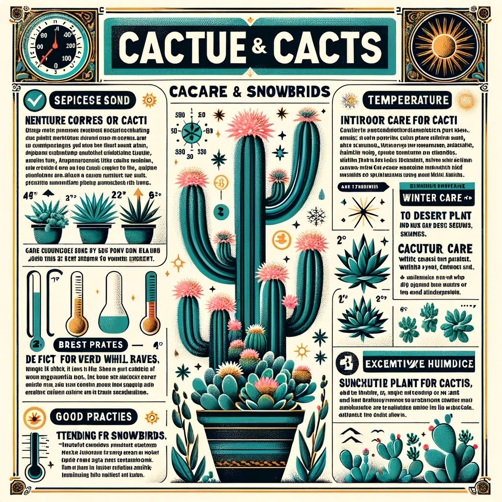 Infographic illustrating a cactus care guide with tips on snowbird plant maintenance, indoor cactus care, desert plants care, and maintaining cacti in winter for those caring for plants while away or traveling.