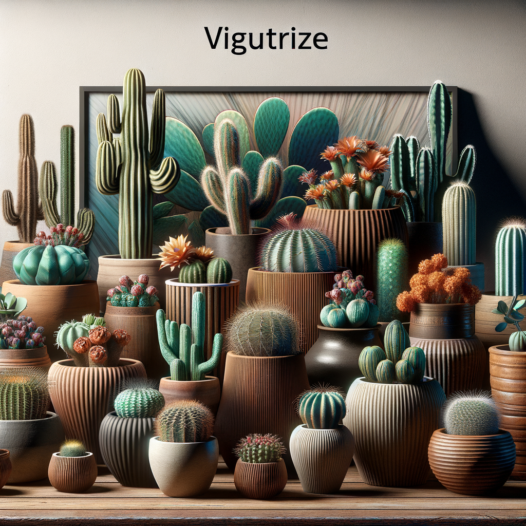 Stylish and functional cactus pot designs for indoor home gardening, showcasing a diverse selection of decorative cactus pots on a wooden shelf.