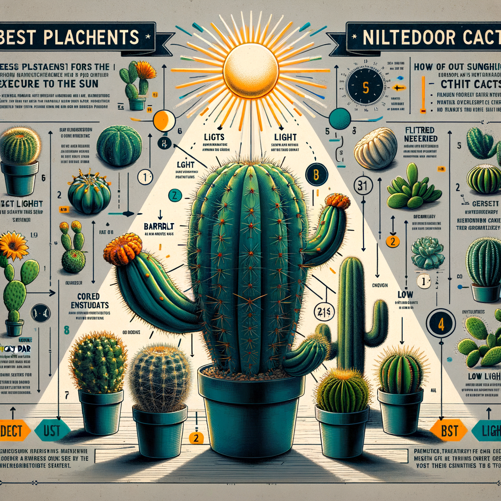 Infographic showing cacti sun exposure tips, positioning cacti for perfect sunlight, understanding cacti light needs, and cacti care tips for optimal indoor and outdoor cacti growing conditions.