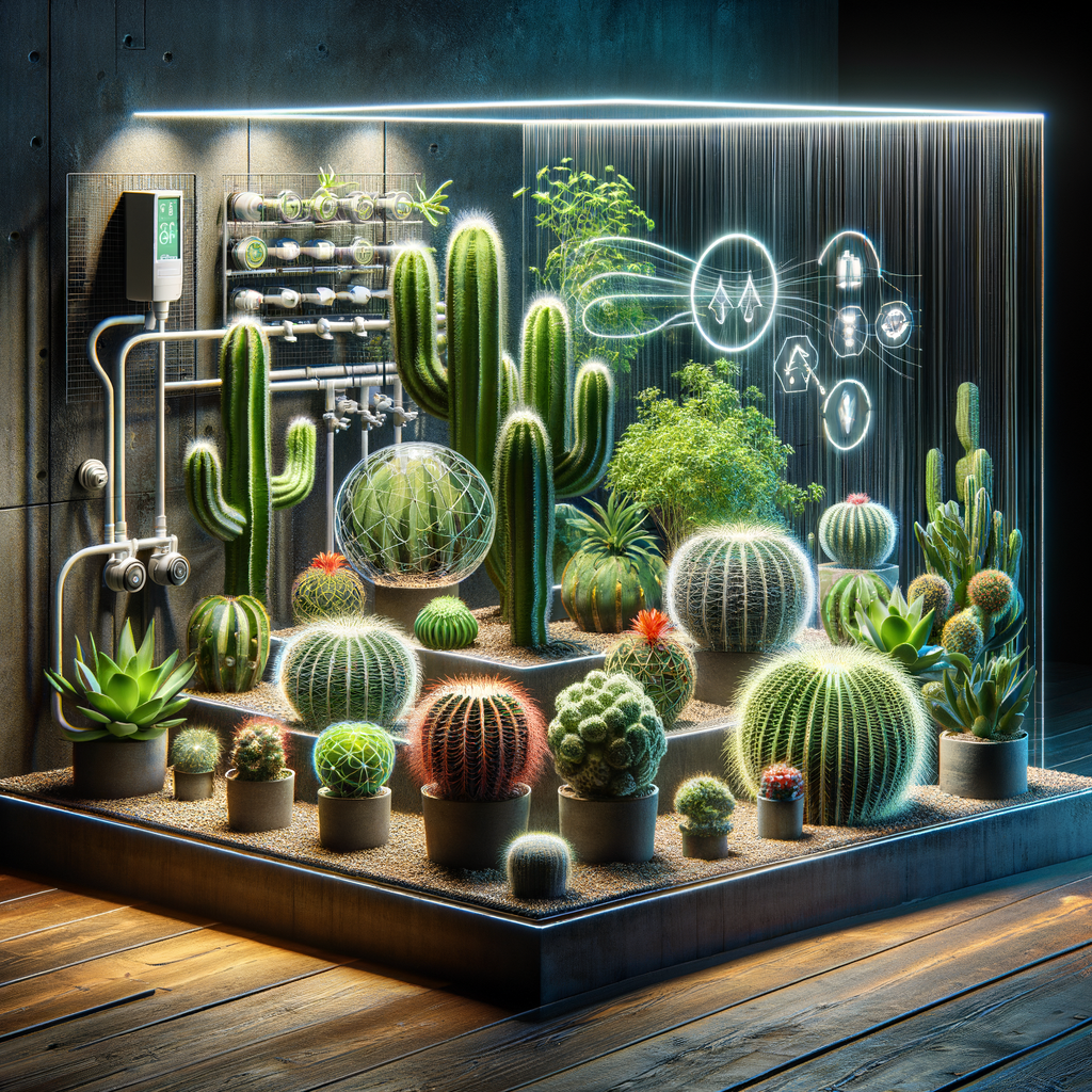 Advanced cacti gardening technology in a modern indoor setup, showcasing smart home gardening tech for optimal cacti growth and care.