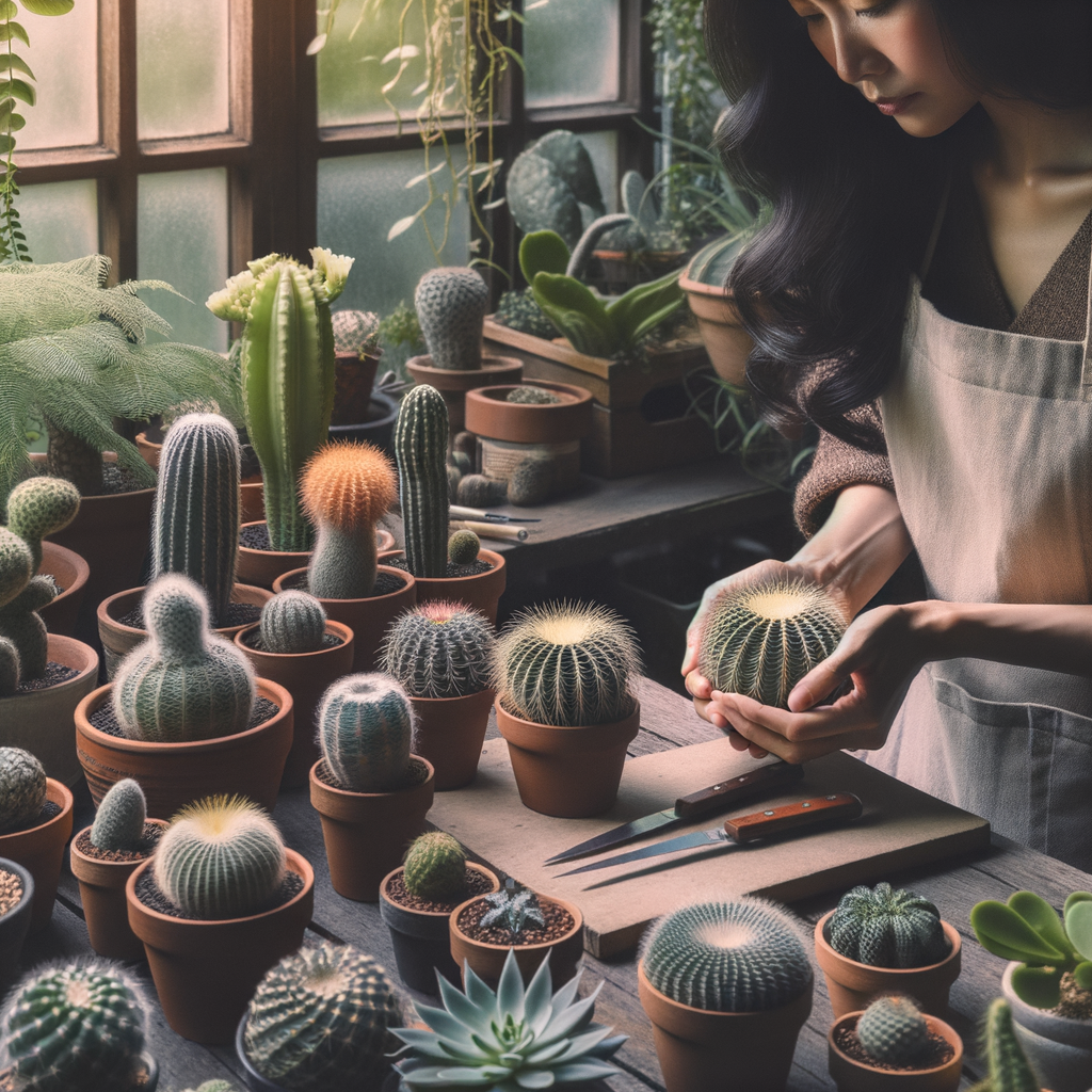Person nurturing various cacti in an indoor garden, illustrating the therapeutic and psychological benefits of cacti cultivation for mental health and stress relief.
