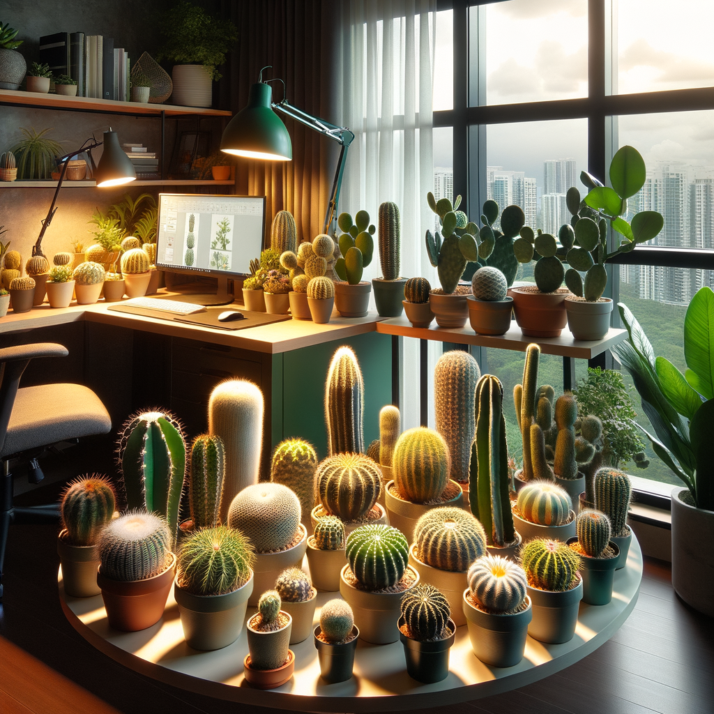Assortment of thriving indoor cactus varieties, best cacti for indoors, adding a touch of nature to a well-lit home office environment, showcasing low maintenance office plants and cactus species suitable for indoor use.
