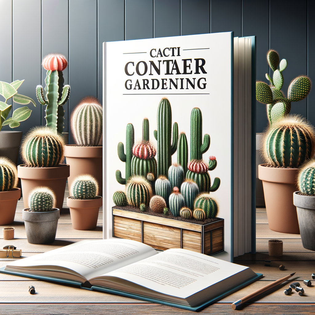 Indoor cacti growing in pots showcasing the pros and cons of cacti container gardening, with a visible guidebook on container cactus care, highlighting benefits and drawbacks of container cacti.
