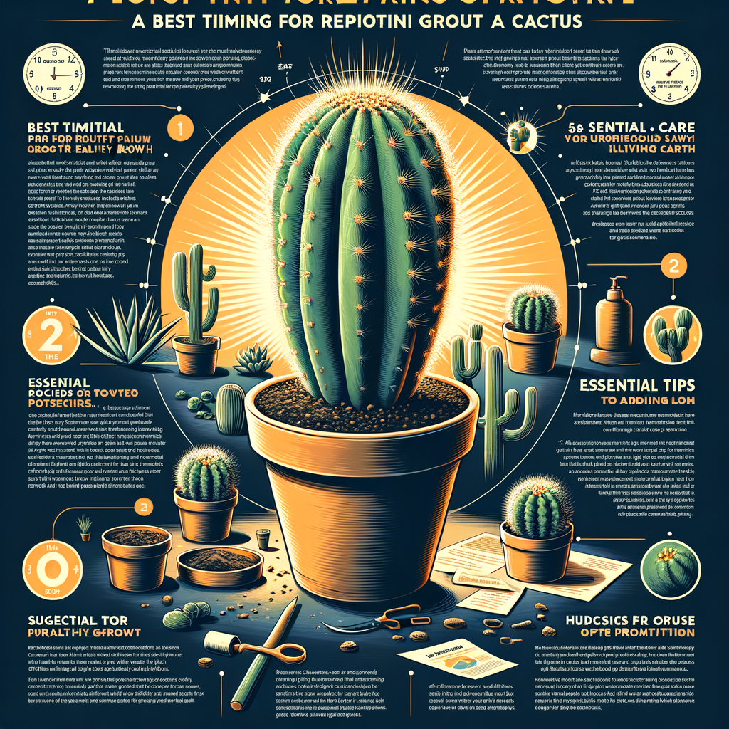 Comprehensive cactus repotting guide infographic showing the best time to repot cacti, essential cactus care tips, and steps for a successful cactus home upgrade, providing a detailed overview on how to repot a cactus and a suggested cactus repotting schedule.