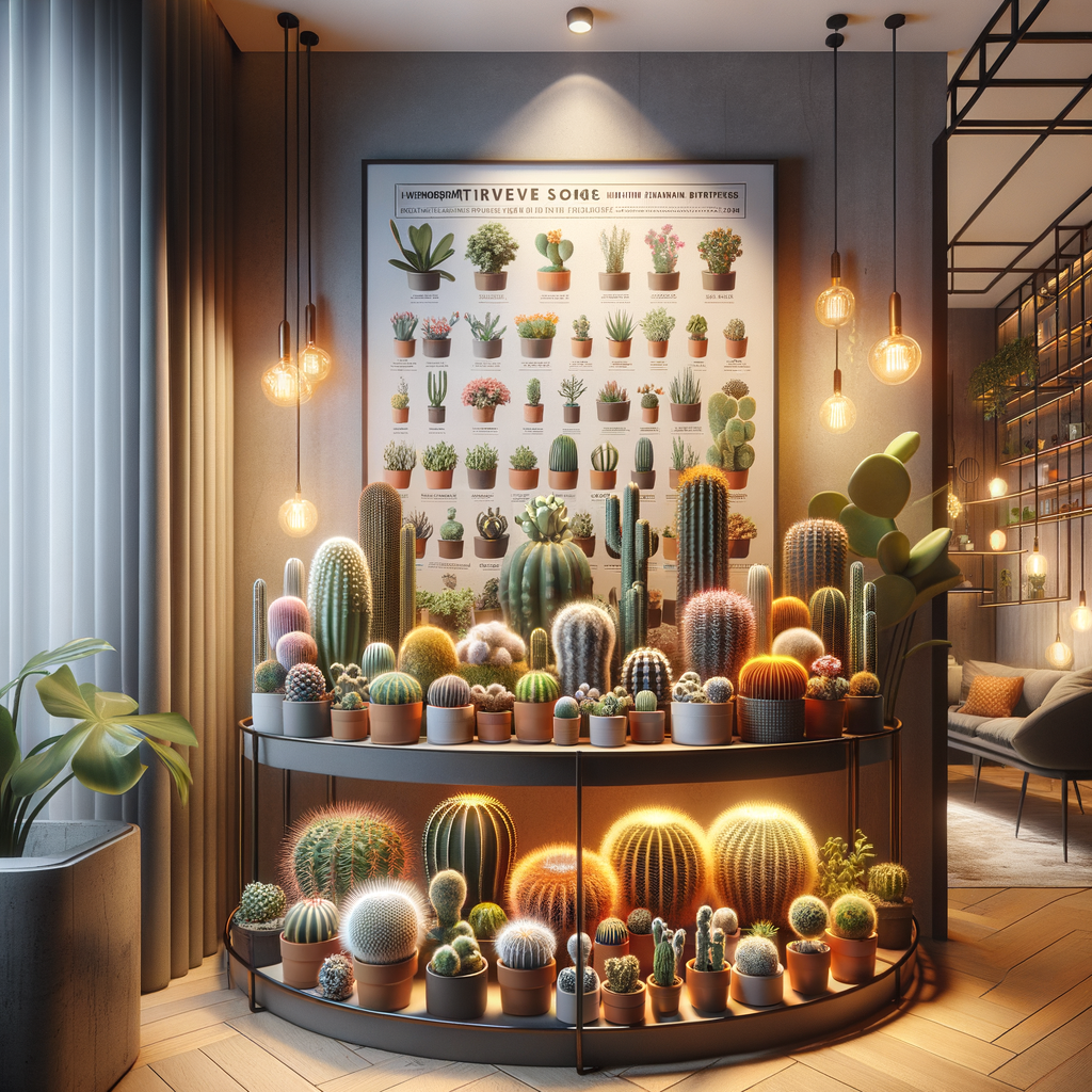 Miniature cacti varieties displayed on a modern shelf in a small home, with an infographic guide on caring for indoor cacti and miniature plants maintenance.