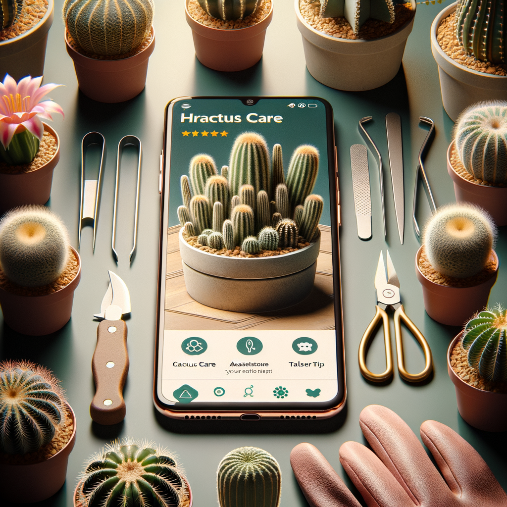 Smartphone screen showcasing the best cactus care apps, surrounded by indoor cacti and essential cactus maintenance tools for home cactus care.