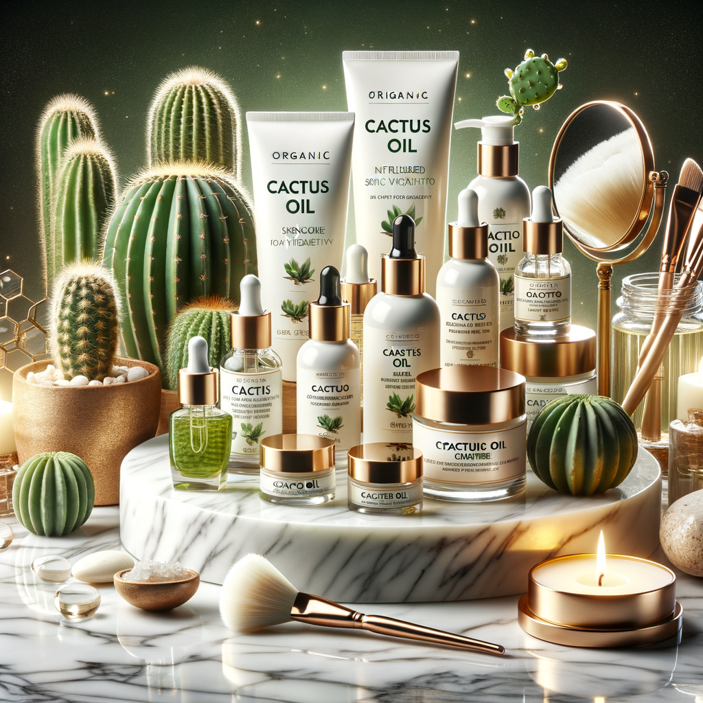 Assortment of natural skincare products showcasing the benefits of using cactus oil for skin health, highlighting cactus oil skincare and cactus oil skin benefits.