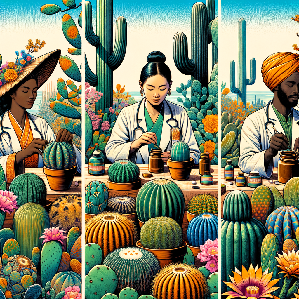 Traditional medicine practitioners using various cacti species for their medicinal properties and health benefits in natural remedies.