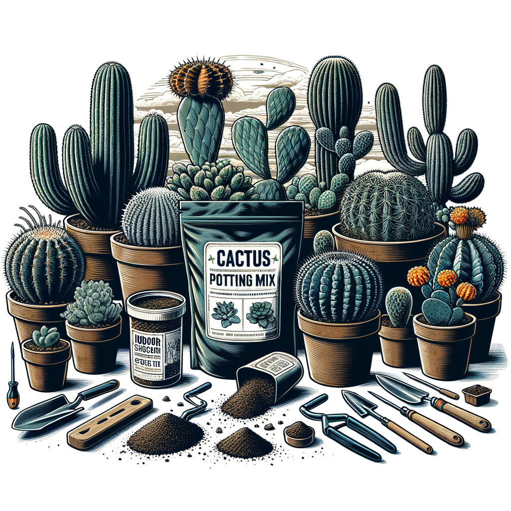 Indoor cacti thriving in pots with the best soil for cacti, showcasing cactus potting mix, indoor succulent soil, and tools for cactus soil preparation, offering a guide for indoor cactus gardening and cacti growing tips.