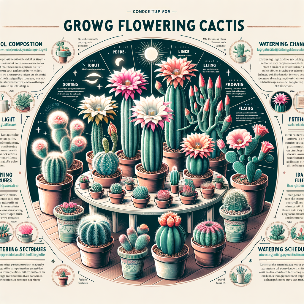 Comprehensive indoor gardening guide showcasing flowering cacti in bloom, highlighting cactus care, cactus flowering triggers, blooming seasons, and tips for home gardeners on encouraging cactus to flower.
