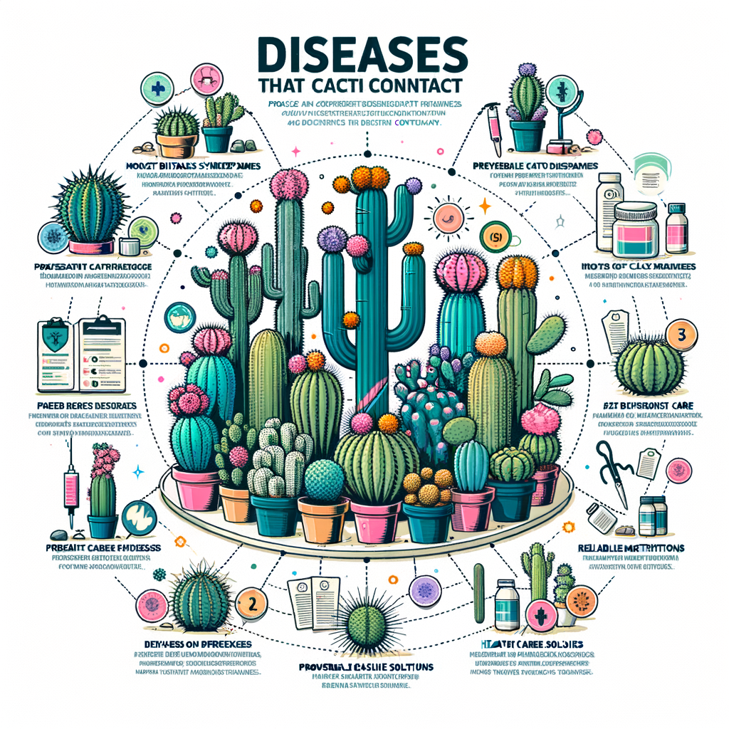 Infographic displaying common cacti diseases, their symptoms, and cacti disease solutions for effective cacti care, prevention, and treatment of cactus plant diseases.