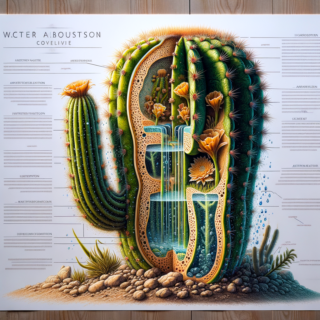 Cross-section illustration of a cactus showcasing the science of cactus water retention, highlighting the cactus hydration process and the biological process of water absorption in cacti, emphasizing on cactus water storage, survival mechanisms and adaptation in deserts.