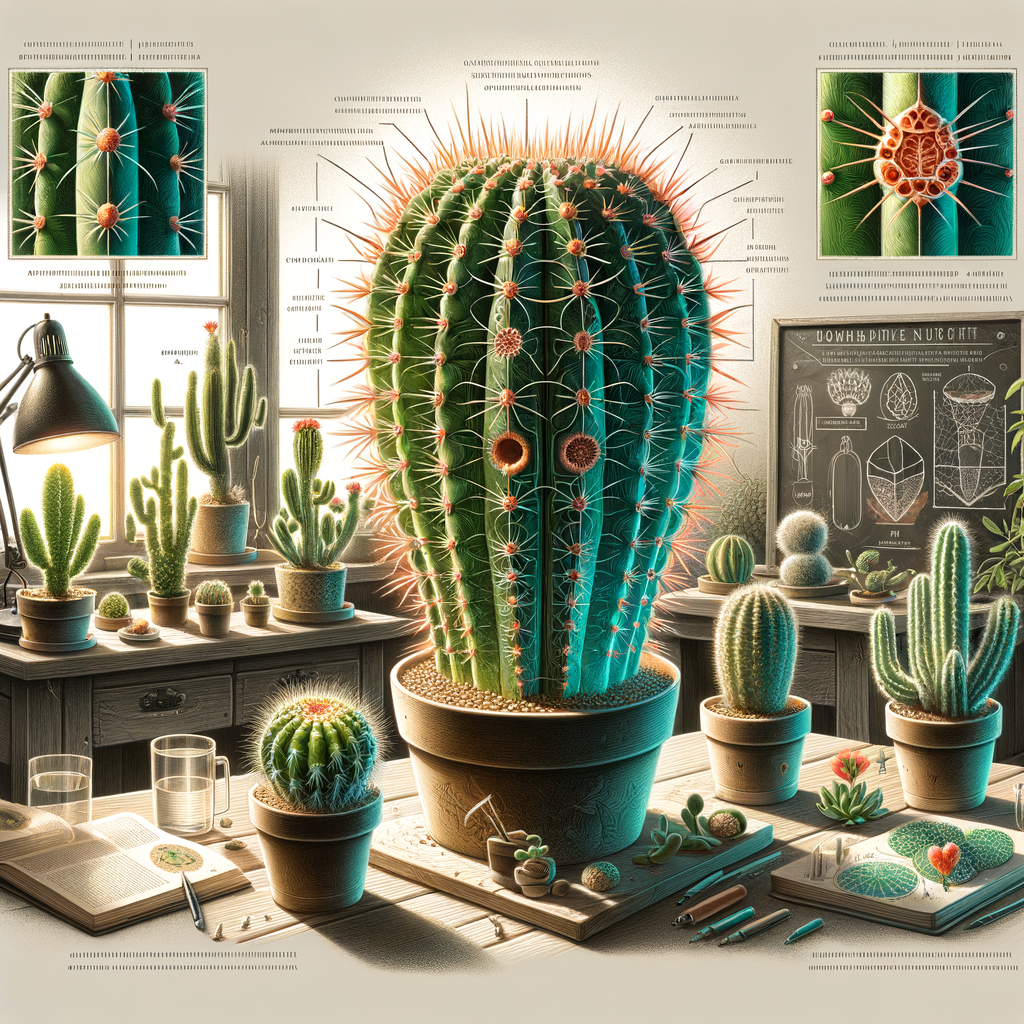 Scientific illustration of cactus thorns structure and function for cactus care, with indoor cactus growing setup in the background offering home cactus growing tips for understanding cactus thorns protection.
