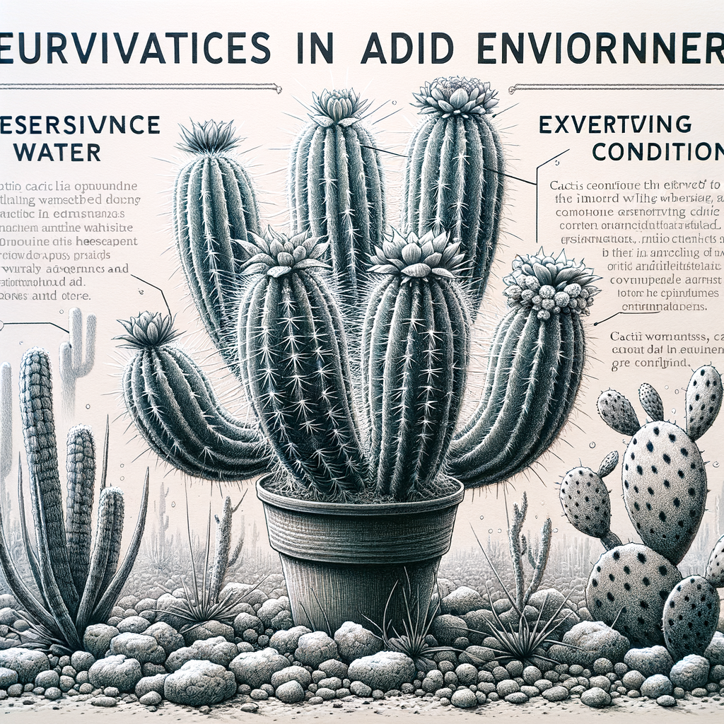 Illustration of cacti survival techniques in arid environments, highlighting cactus adaptation for water storage and conservation, demonstrating how cacti survive without water in desert conditions.