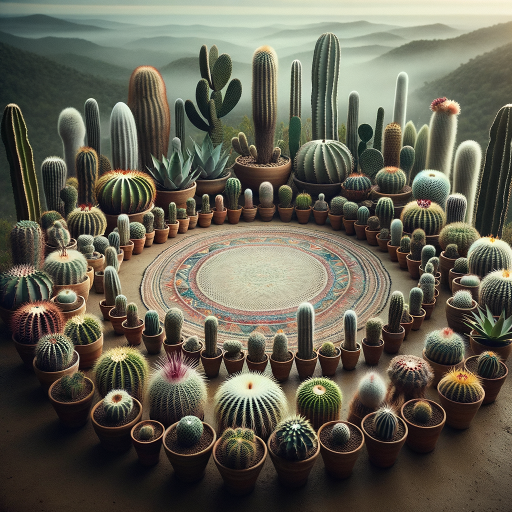 Sacred circle of various cacti during a spiritual ritual, illustrating the spiritual significance, healing properties, and cultural symbolism of cacti in spiritual practices.